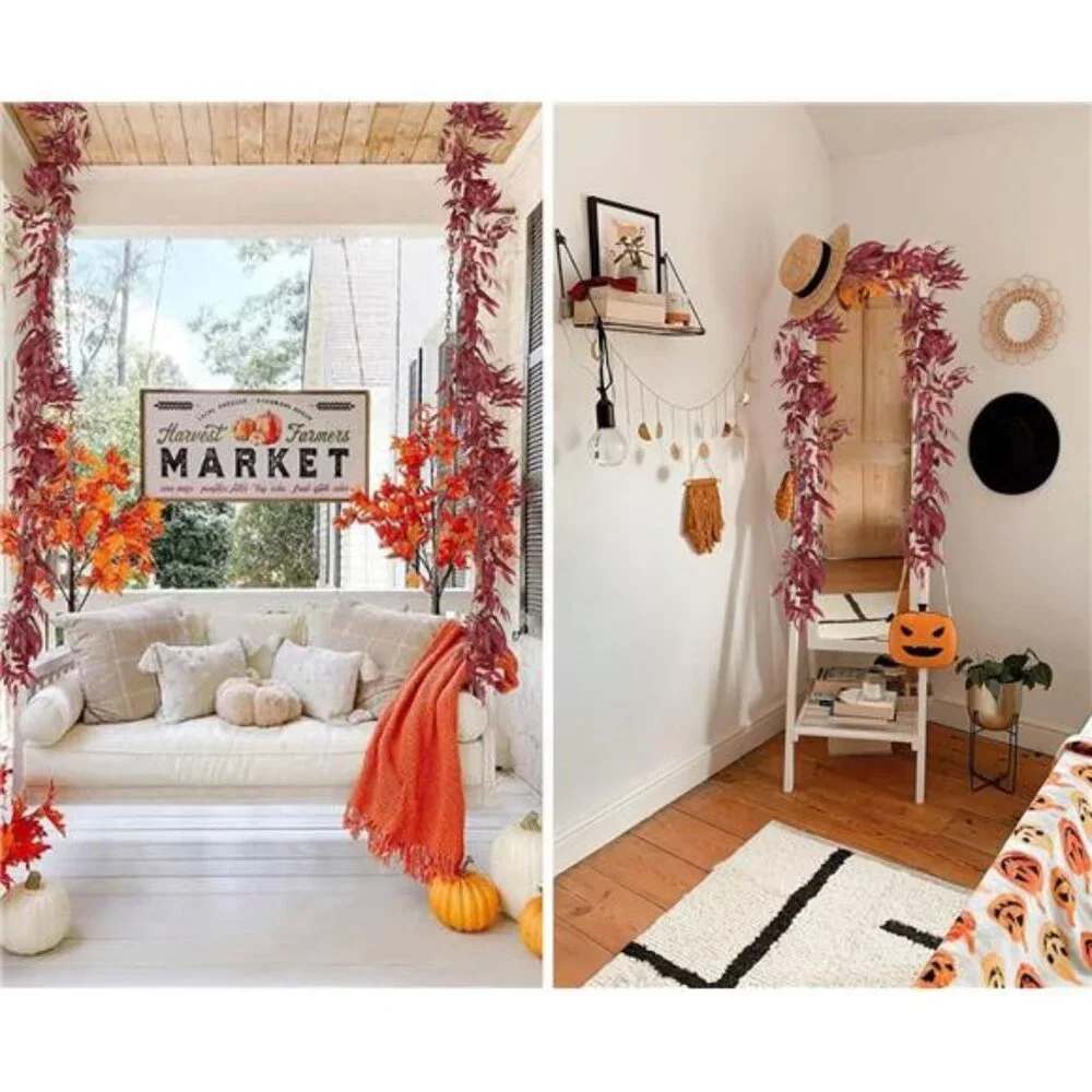 Artificial Hanging Willow Leaves Vine Twigs 2Pcs 5.7Ft Fake Silk Burgundy Leaf